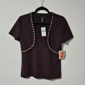 Cable & Gauge Blouse Womens L Short Sleeve Beaded Stretch Pullover Top Brown